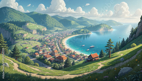 Lush coastal village landscape with serene waters and mountains  