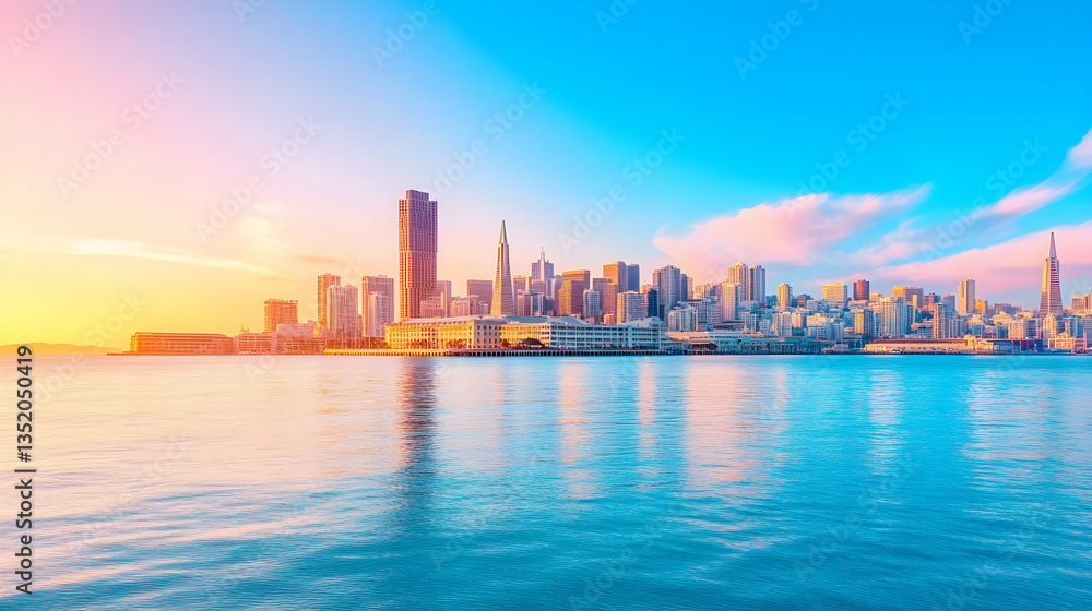 Naklejka premium City skyline sunrise, waterfront reflection, calm bay, urban landscape, travel photography