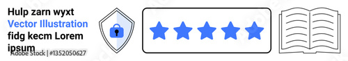 Blue shield lock, five-star rating, and open book represent data protection, customer feedback, knowledge sharing, trust. Ideal for cybersecurity, reviews, learning education digital safety flat