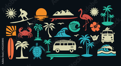 Tropical beach and surf-themed vector set with palm trees, waves, surfboards, a van, flamingos, and ocean elements in a bold black silhouette style. Perfect for t-shirt designs, and branding