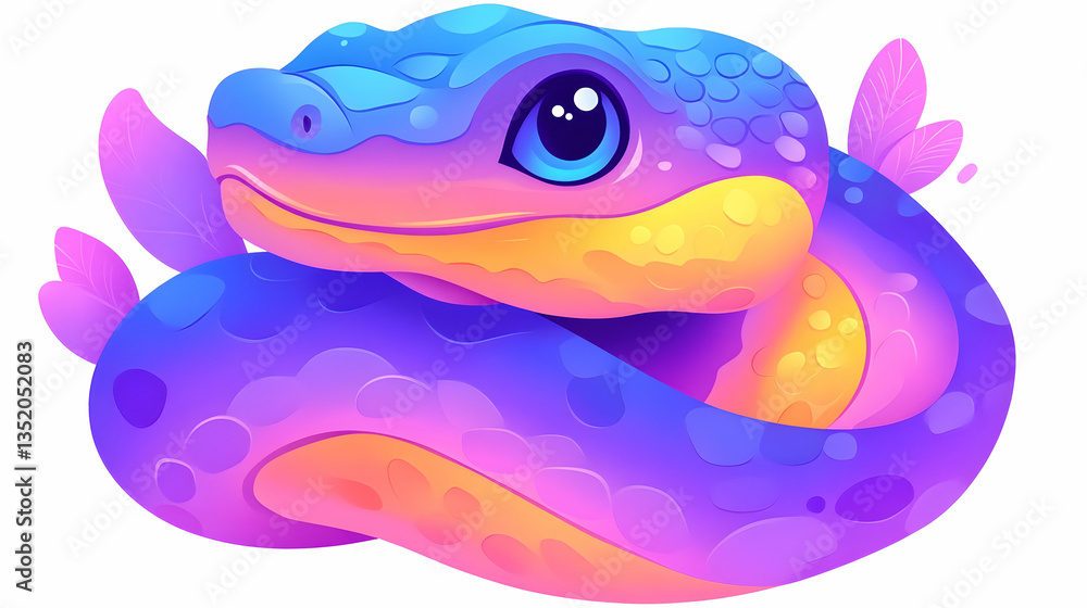 Colorful cartoon snake coiled, whimsical design, white background, kids' illustration Colorful cartoon snake coiled, whimsical design, white background, kids' illustration