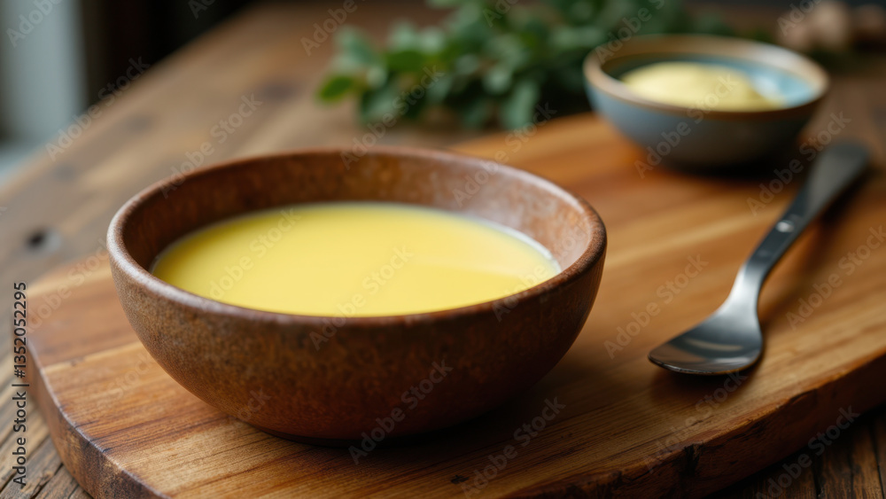 A wooden cutting board with two bowls containing a yellow substance, possibly beef tallow or some kind of sauce, next to a spoon and a few herbs.