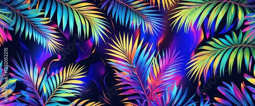 Vibrant palm leaves with iridescent abstract light patterns