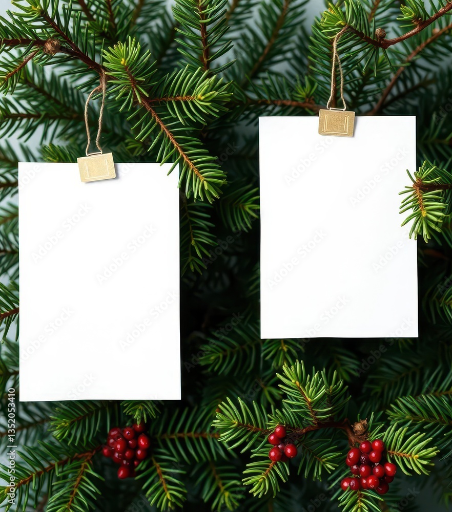 Three blank paper note frames clipped to evergreen branches, simple, paper, vintage Three blank paper note frames clipped to evergreen branches, simple, paper, vintage