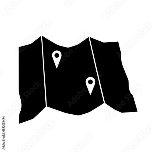 Minimalist black silhouette of a folded map with creases and location markers