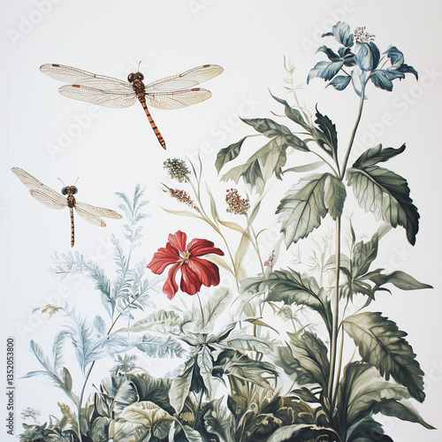 Dragonflies hovering over a lush garden filled with delicate flowers and vibrant greenery