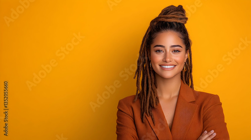 Wallpaper Mural Confident woman, smiling, orange background, arms crossed, professional portrait Torontodigital.ca