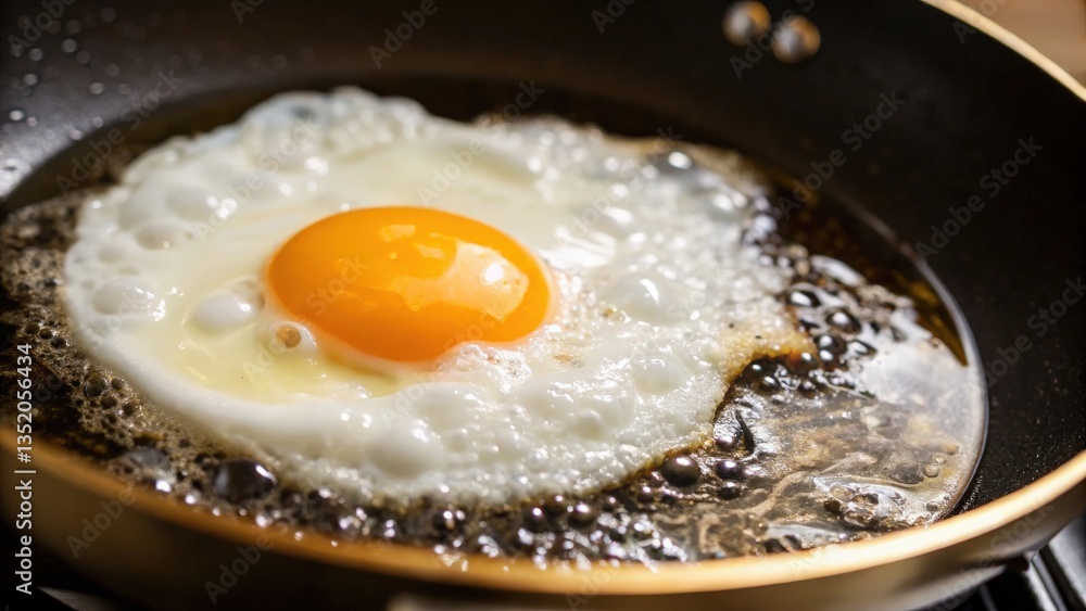 Healthy breakfast protein-rich concept. Frying egg in a pan, showcasing an orange yolk surrounded by bubbling oil. Healthy breakfast protein-rich concept. Frying egg in a pan, showcasing an orange yolk surrounded by bubbling oil.