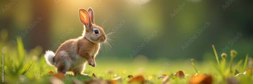 Fototapeta premium A comical rabbit balances on its back legs, tail twitching , adorable, posture, brown