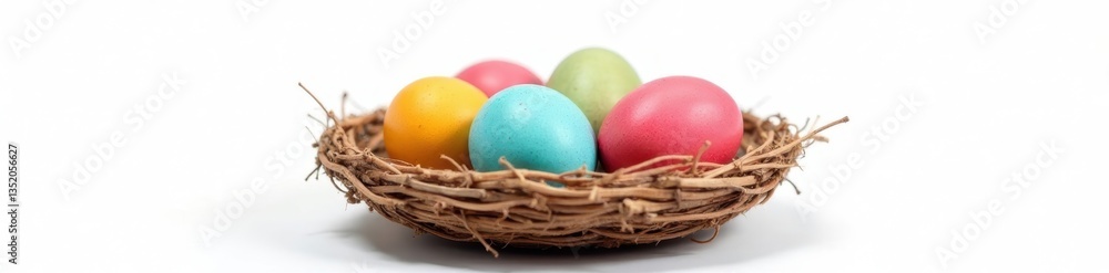 Brightly colored eggs in a simple nest, isolated white background, holiday, springtime, decoration Brightly colored eggs in a simple nest, isolated white background, holiday, springtime, decoration
