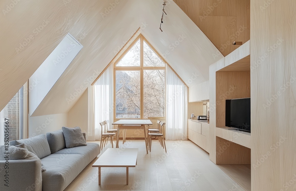 Fototapeta premium Stylish small apartment interior with an angled ceiling, featuring light wood flooring and white walls.