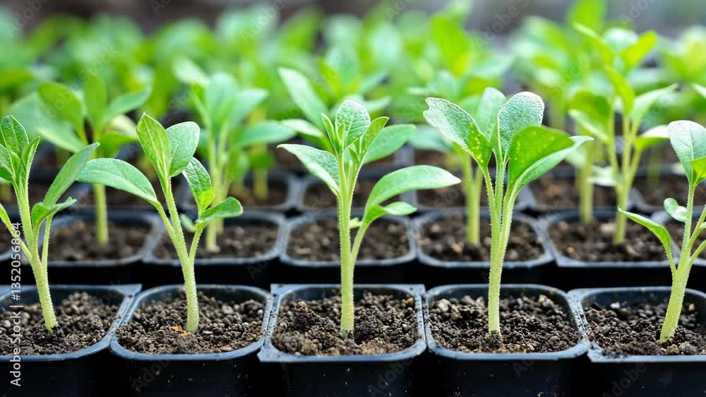 Seedlings thrive in a greenhouse, showcasing vibrant green leaves and healthy growth patterns Seedlings thrive in a greenhouse, showcasing vibrant green leaves and healthy growth patterns