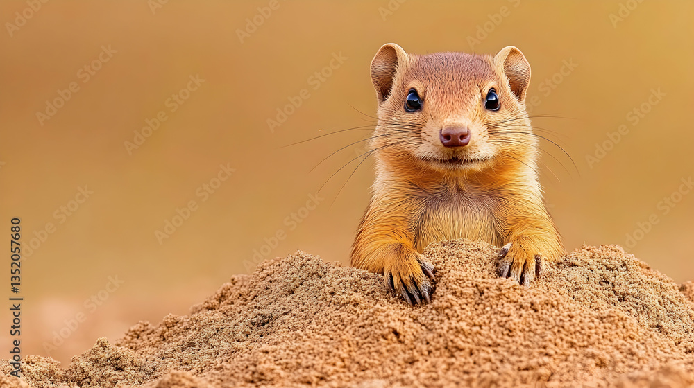Fototapeta premium Curious ground squirrel peeking from sand mound in arid landscape; wildlife photography for nature documentaries