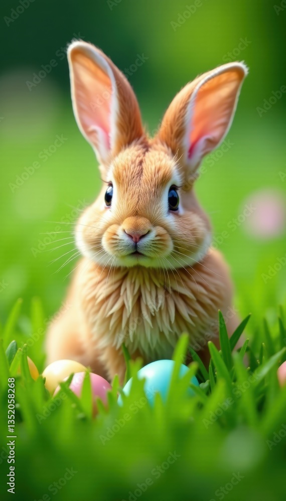 Obraz premium Fluffy Easter bunny hidden in tall green grass, lagomorph, hiddenbunny