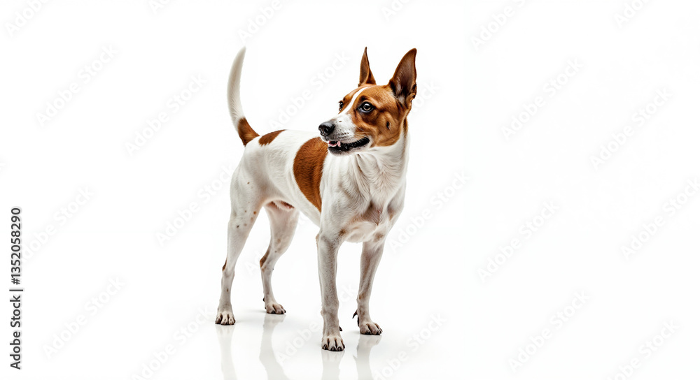 Fototapeta premium A spirited Rat Terrier, alert and poised, stands against a bright white background showcasing its striking red and white coat.
