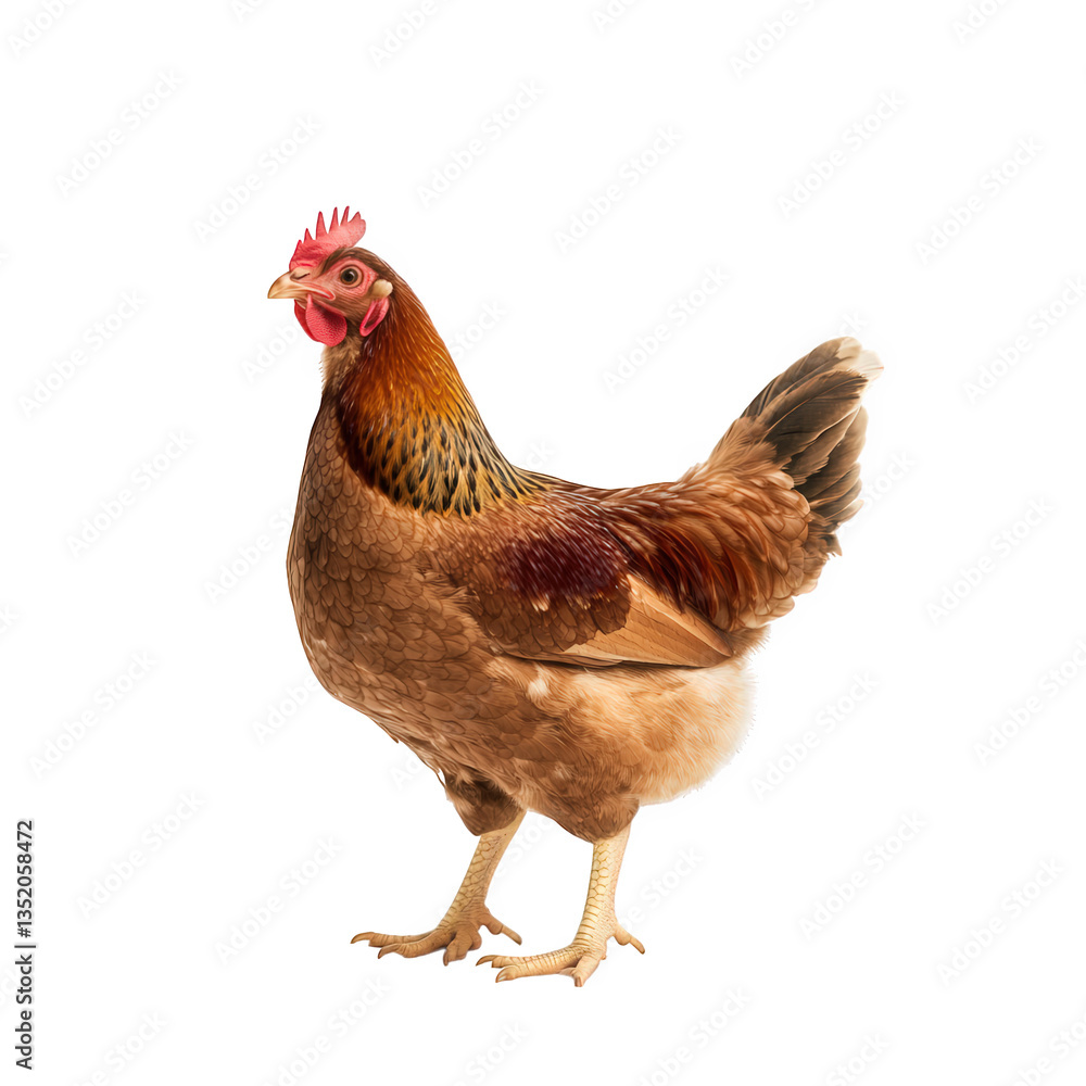 Fototapeta premium a brown hen stands upright against a plain white background showcasing its feathers and distinct features emphasizing its role in agriculture and food production
