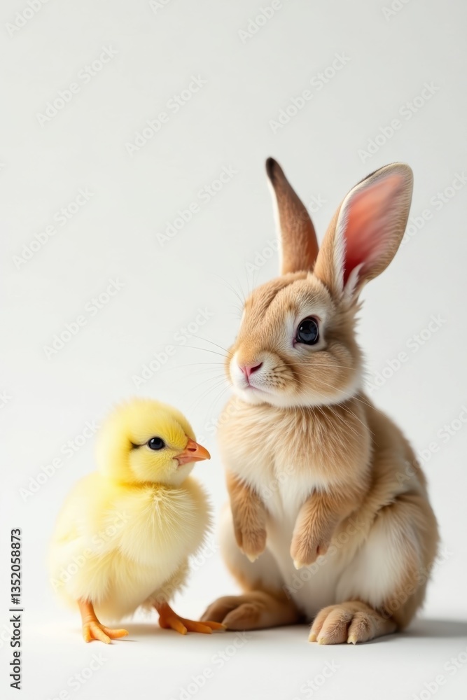 Obraz premium Happy Easter bunny beside tiny chick, pure white backdrop, spring, adorable