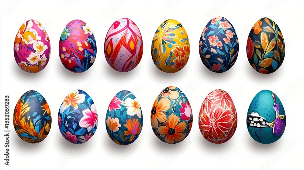Vibrant Easter eggs with intricate floral patterns showcase artistic hand-painted designs in rich colors, creating a stunning collection of decorative holiday ornaments. Vibrant Easter eggs with intricate floral patterns showcase artistic hand-painted designs in rich colors, creating a stunning collection of decorative holiday ornaments.