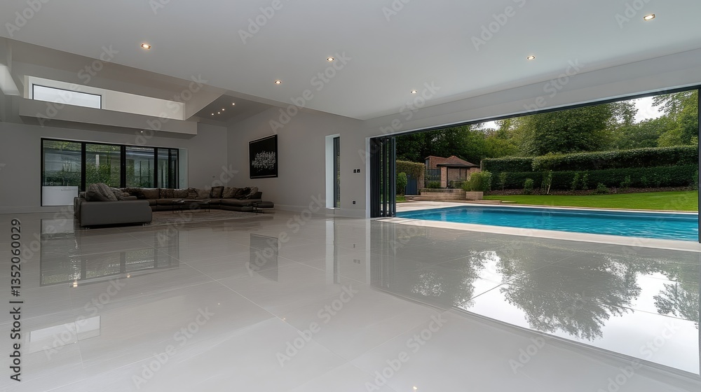 Modern open-plan living area seamlessly connects indoors to outdoor pool and garden. Large windows and sliding doors provide stunning views Modern open-plan living area seamlessly connects indoors to outdoor pool and garden. Large windows and sliding doors provide stunning views