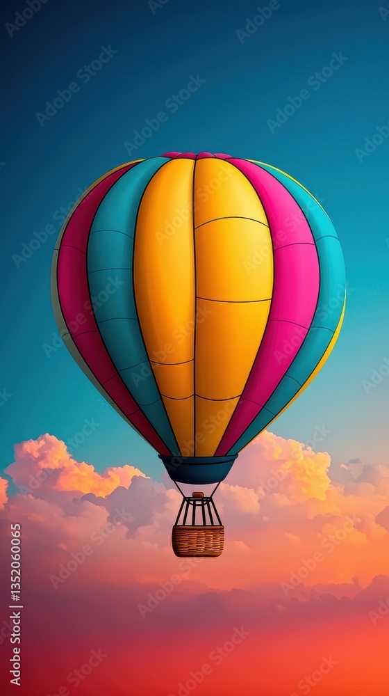 Fototapeta premium Embark on a colorful balloon journey through the air! Witness stunning sunrises and sunsets during your unforgettable flight, a thrilling travel adventure in the sky.