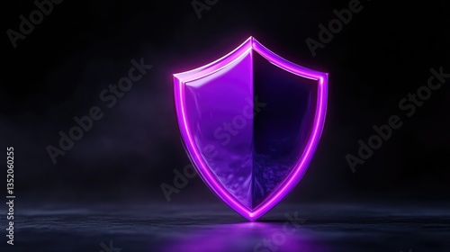 A glowing purple neon shield stands on a dark reflective surface with subtle smoke in the background, representing digital cybersecurity and data protection.