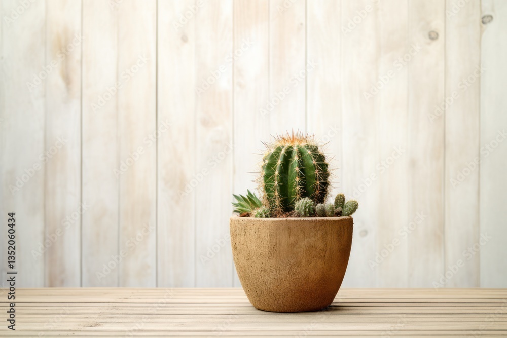 Fototapeta premium A detailed shot of a potted cactus with textured spines, arranged on a weathered wooden surface
