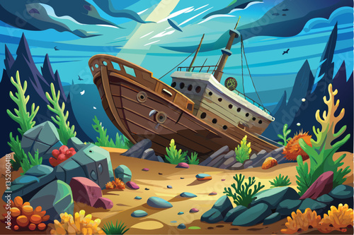 Sunken ship resting in the deep blue ocean, surrounded by marine life and hidden treasures beneath the waves