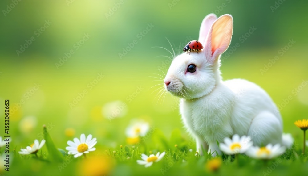 White rabbit, daisy field, ladybug perched atop head, outdoor, detail, macro White rabbit, daisy field, ladybug perched atop head, outdoor, detail, macro