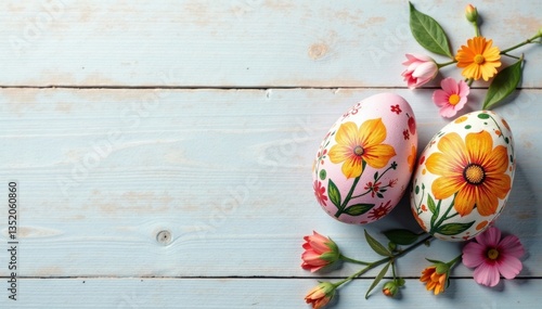 Abstract painted eggs with floral accents on light wood texture, blossom, painted