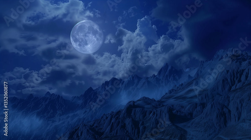 A serene night sky with a full moon and wispy clouds over mountains.
