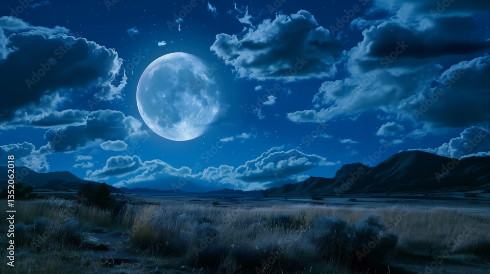 Naklejka premium A serene night sky with a full moon and wispy clouds over mountains.