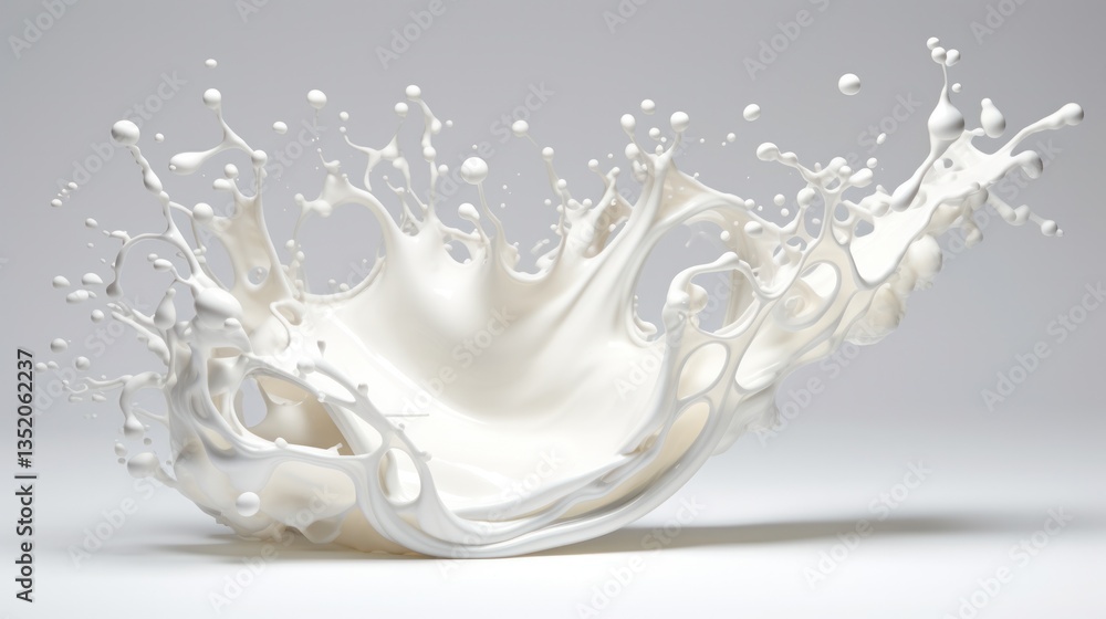 A side view of a splash of milk captured in mid-air, with the liquid forming an intricate pattern against a clean white backdrop