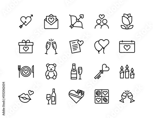 Valentine's Day Vector Icon Set | Adjustable Line Weight | Love, hearts, gift, romance, teddy bear, roses, champagne, candles, balloons, romantic dinner, wedding, affection, dating icons