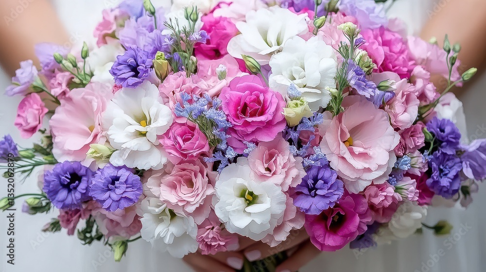 A stunning wedding bouquet of pink and purple roses with delicate white blossoms and soft petals, carried beautifully by the bride. A stunning wedding bouquet of pink and purple roses with delicate white blossoms and soft petals, carried beautifully by the bride.