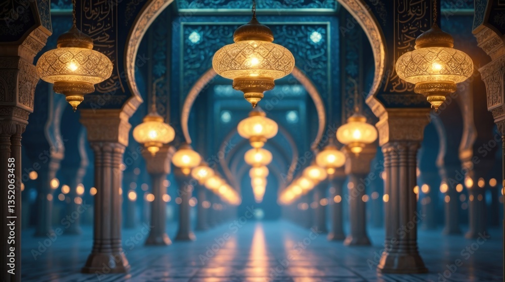 Fototapeta premium Glowing Lanterns Illuminate Majestic Arabian Palace Hallway