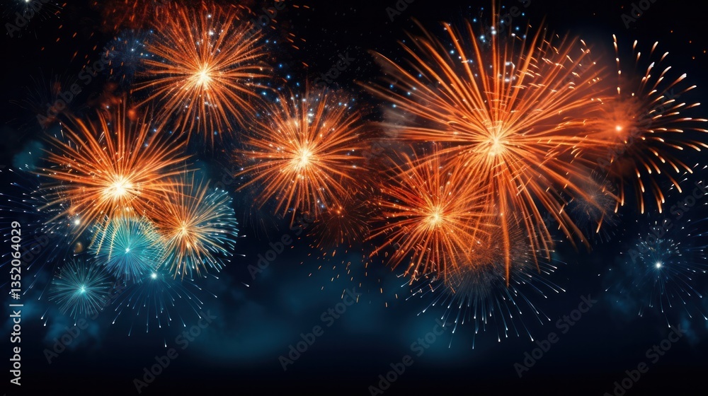 A vibrant burst of orange fireworks illuminating the night sky with a deep blue background A vibrant burst of orange fireworks illuminating the night sky with a deep blue background