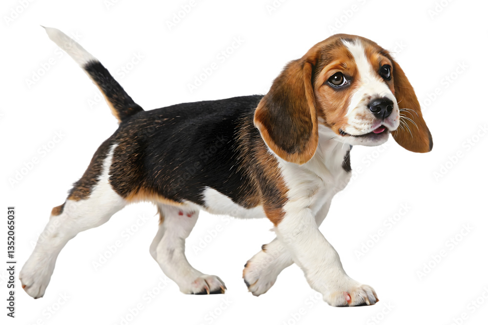 A Beagle puppy walks with his legs raised, his smooth tricolor fur is fluffy, isolated on a transparent white background A Beagle puppy walks with his legs raised, his smooth tricolor fur is fluffy, isolated on a transparent white background