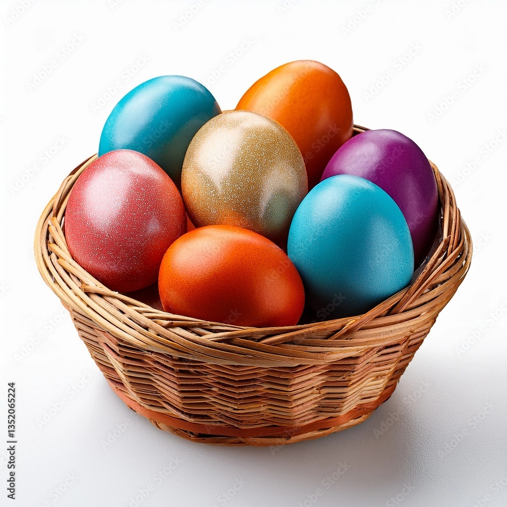 colorful easter eggs in basket isolated on white background colorful easter eggs in basket isolated on white background