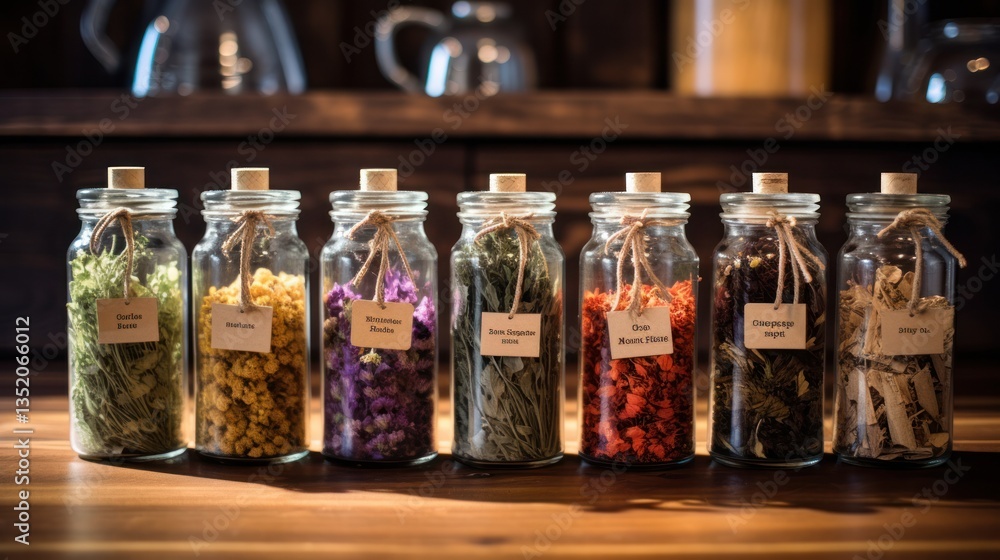 Assorted dried herbs in clear glass bottles, labeled and arranged on a wooden kitchen counter Assorted dried herbs in clear glass bottles, labeled and arranged on a wooden kitchen counter