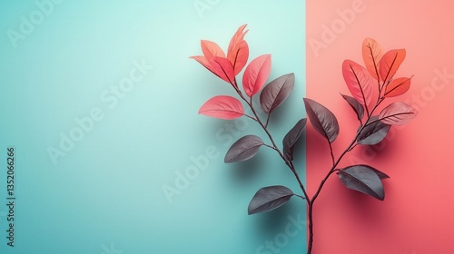 Vibrant spring colors burst forth! Red, teal, and pink leaves bloom on the branch, a testament to nature's growth and beauty.