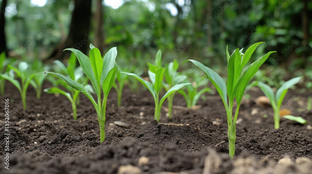Young sprouts emerging from soil in a tropical plantation Young sprouts emerging from soil in a tropical plantation