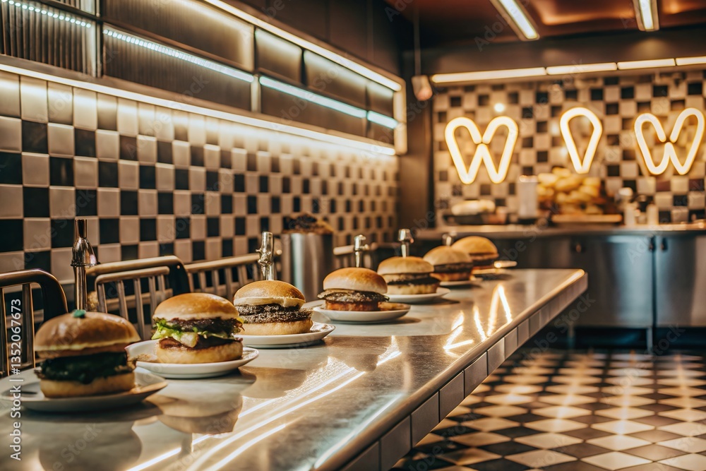 Fototapeta premium Gourmet Cheeseburger Trio with Golden Fries and Fresh Vegetables on Rustic Wooden Table