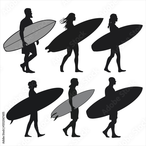 set vector various carrying Surfboard, surfer, guy standing Surfboard ,
