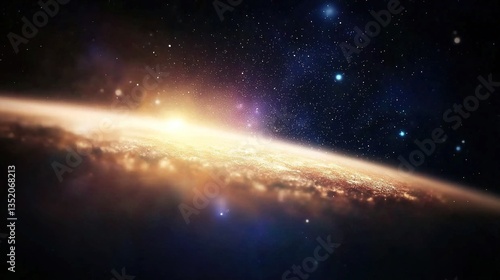 Sunrise over a distant planet, stars and cosmic dust visible