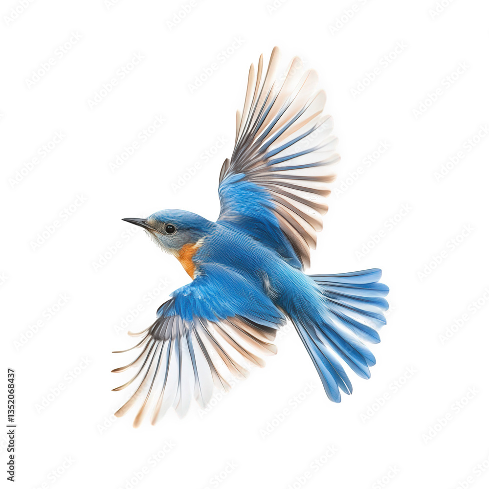 Obraz premium a vibrant bluebird in mid-flight showcasing its striking blue feathers and graceful wings against a white background. beauty and elegance of nature