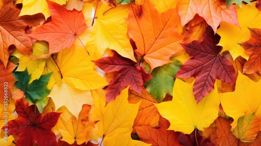 Close-up of vibrant autumn leaves in various shades of orange, yellow, and red scattered across a green lawn Close-up of vibrant autumn leaves in various shades of orange, yellow, and red scattered across a green lawn