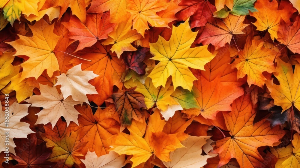 Close-up of vibrant autumn leaves in various shades of orange, yellow, and red scattered across a green lawn Close-up of vibrant autumn leaves in various shades of orange, yellow, and red scattered across a green lawn