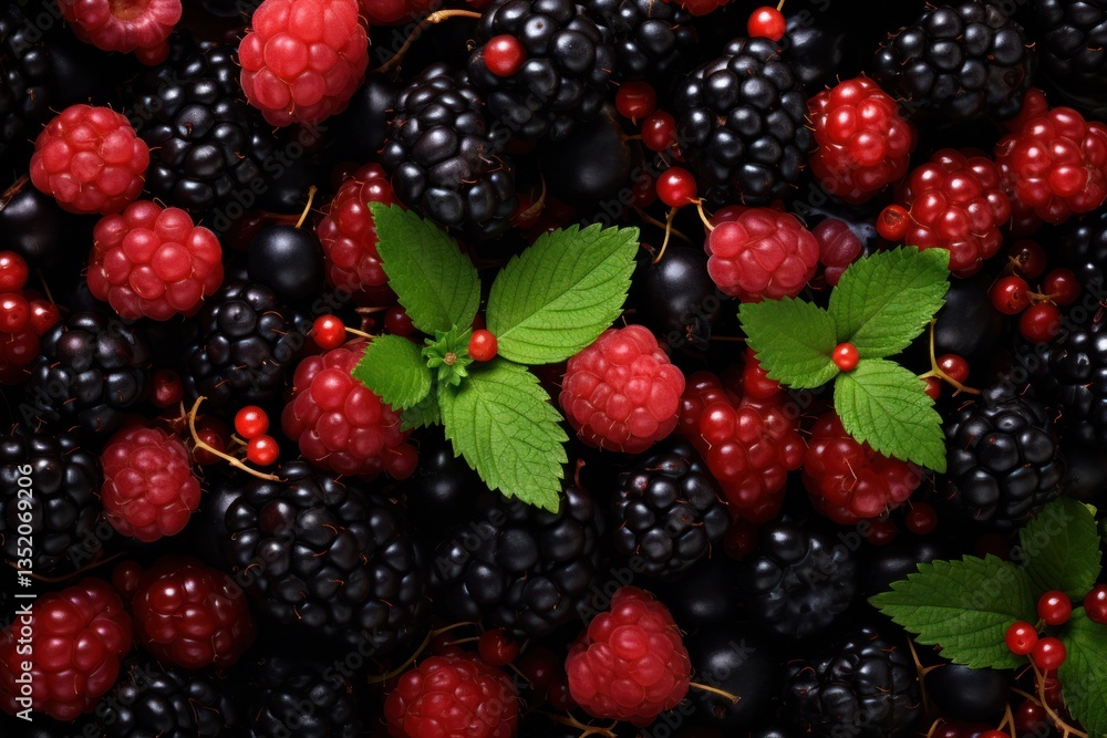 Colorful mix of blackberries, cranberries, and red currants arranged around the edges of the photo, leaving a large Colorful mix of blackberries, cranberries, and red currants arranged around the edges of the photo, leaving a large