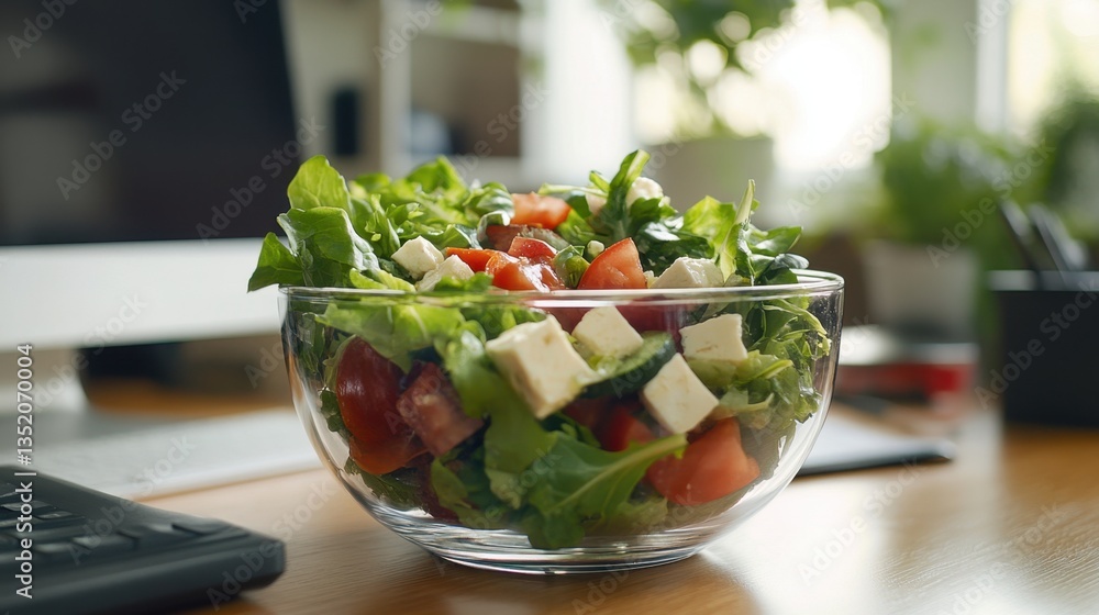 A glass container filled with fresh salad sits on a wooden work desk, surrounded by a modern office environment and soft natural lighting A glass container filled with fresh salad sits on a wooden work desk, surrounded by a modern office environment and soft natural lighting
