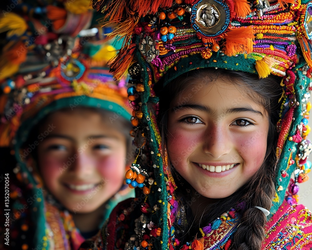 Smiling Girls in Colorful Traditional Clothing Smiling Girls in Colorful Traditional Clothing